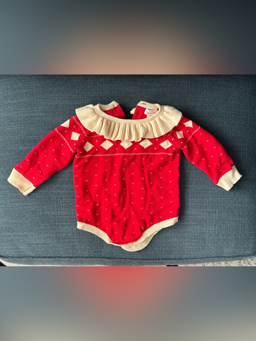 Cat & Jack Red Knit 100% Cotton One-Piece with Cream Ruffle Collar